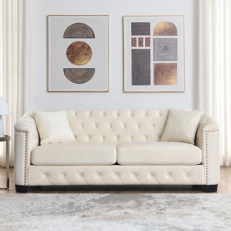 3 Seater Velvet Upholstered Sofa with Tufted Back and Nailhead Arms - Beige