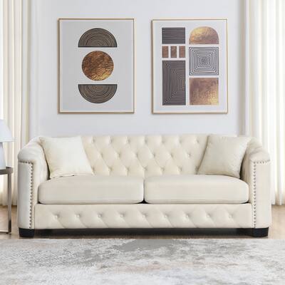 3 Seater Velvet Upholstered Sofa with Tufted Back and Nailhead Arms
