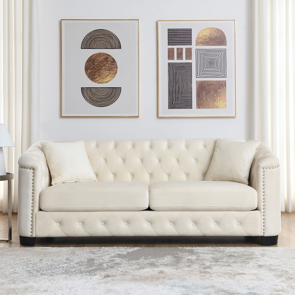 3 Seater Velvet Upholstered Sofa with Tufted Back and Nailhead Arms