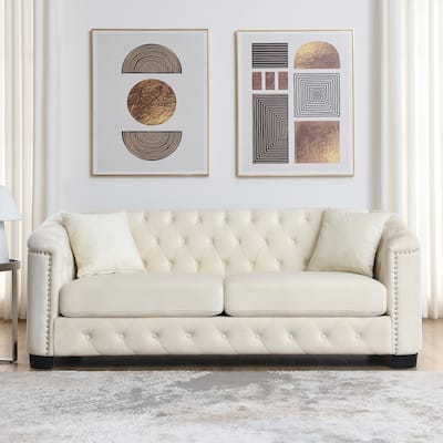 Modern Chesterfield Velvet Sofa, 3-Seater Sofa,Upholstered Tufted Backrests with Nailhead Arms and 2 Cushions