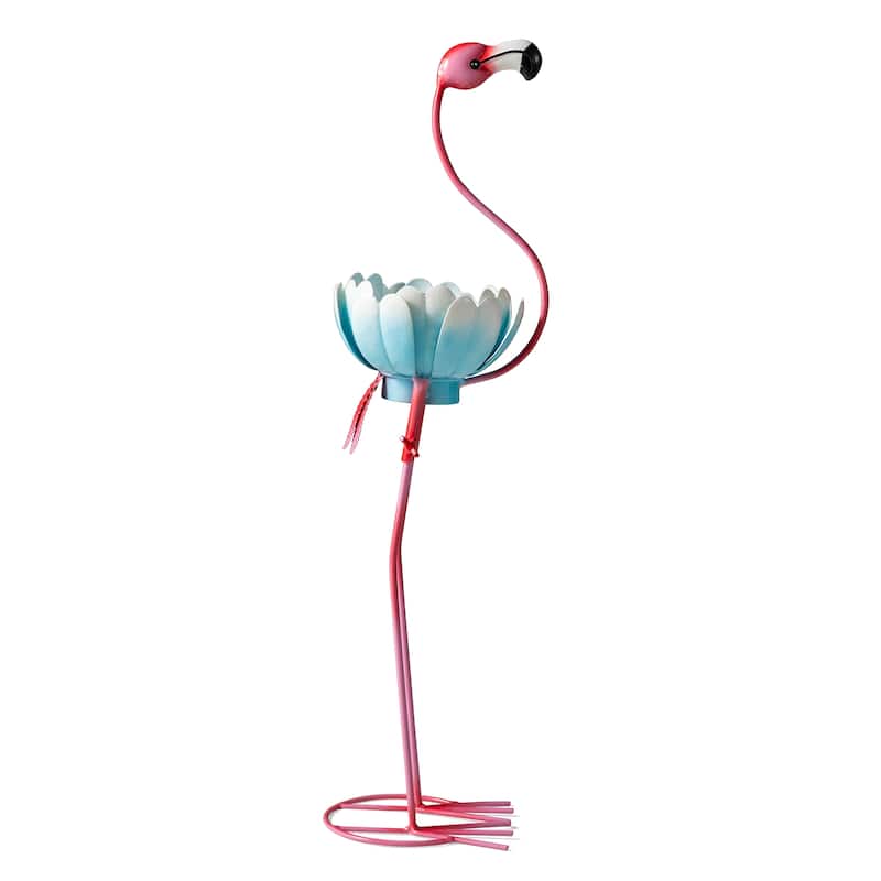  Glitzhome 26.25"H Standing Flamingo Solar Lighting Metal Statue for Outside Patio Lawn Balcony Backyard Decorations