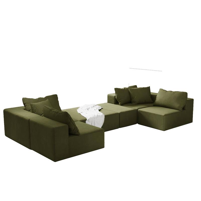 Floor Upholstered Sectional Sofa Modular L Shaped Couch Set with 6 Pillows and Ottomans, Living Room Sleeper Sofa Bed