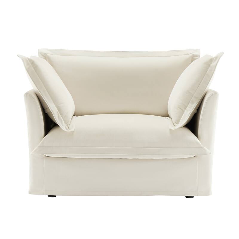 Slip-covered Armchair with Cushions and Pillows, Chenille Fabric, Cream