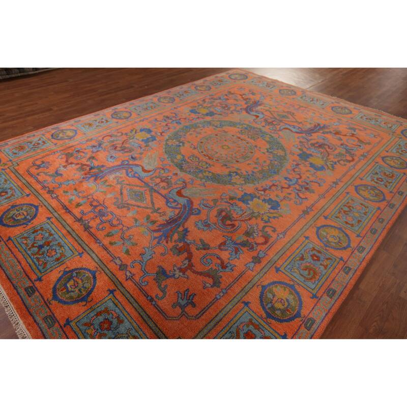Orange Geometric Khotan Oriental Area Rug Hand-Knotted Wool Carpet - 8'10"x 11'10"