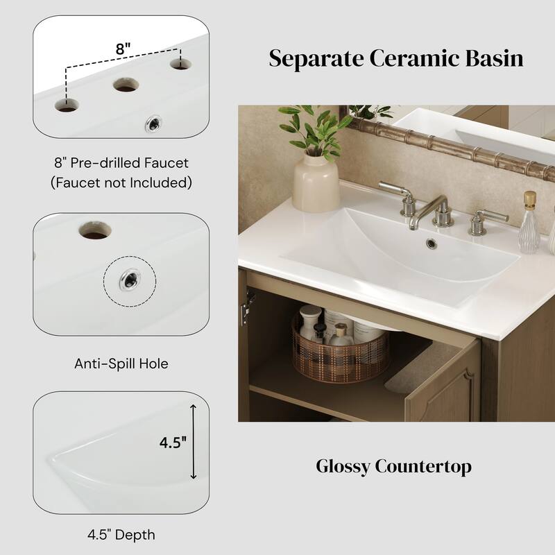 30" Vintage Bathroom Vanity with Ceramic Sink, Bathroom Vanity Cabinet with Antique Pulls, Bathroom Storage Cabinet