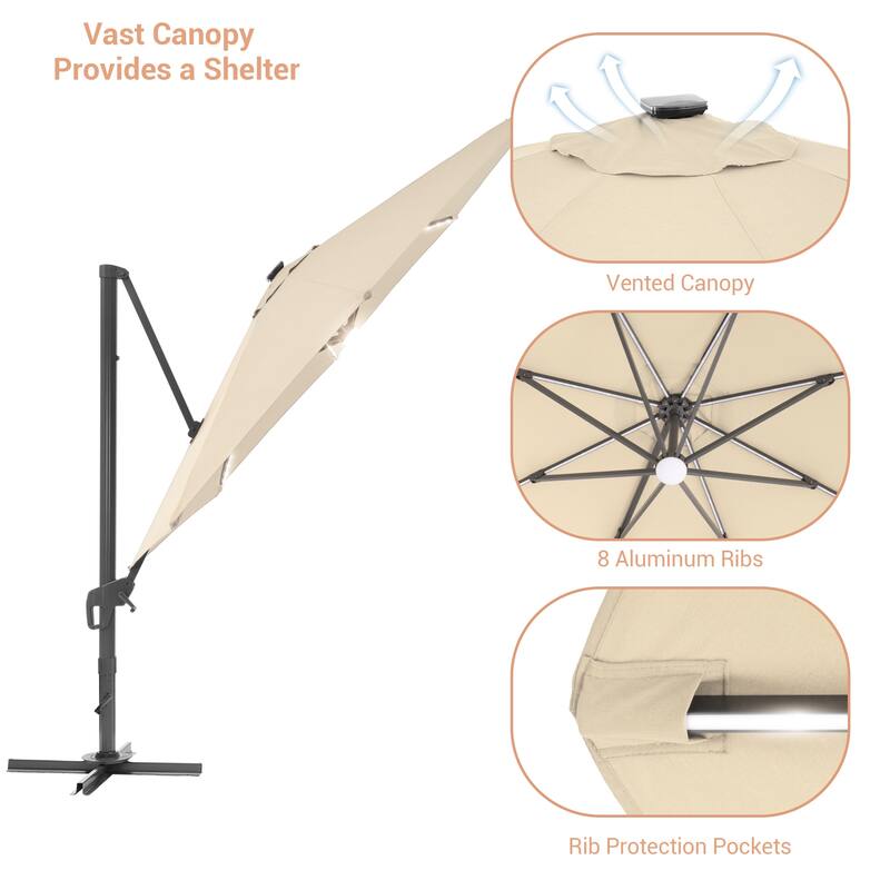 BONOSUKI 11FT LED Cantilever Patio Umbrella Angle Adjustment w/Cross Base