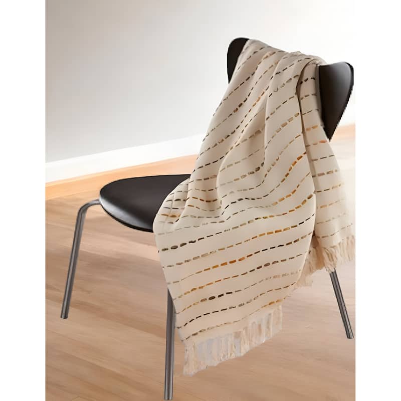 50" X 60" Cream Kantha Cotton Striped Throw Blanket with Embroidery - Throw