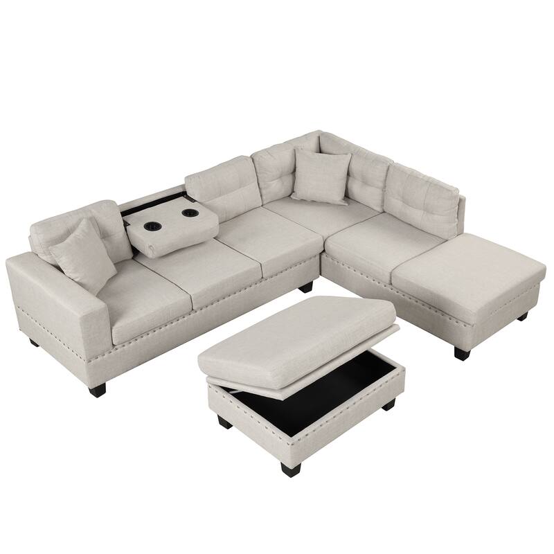 105.1" Velvet L-Shaped Sectional Sofa with Reversible Chaise, Storage Ottoman and Cup Holders