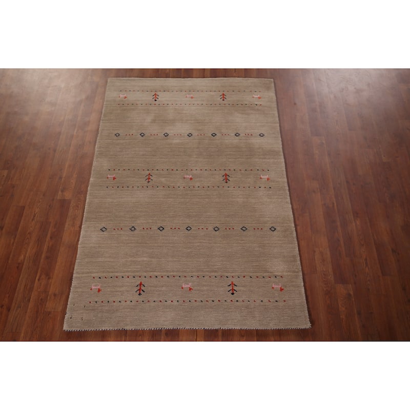 Light Brown Tribal Gabbeh Indian Accent Rug Handmade Wool Carpet - 4'0"x 5'10"