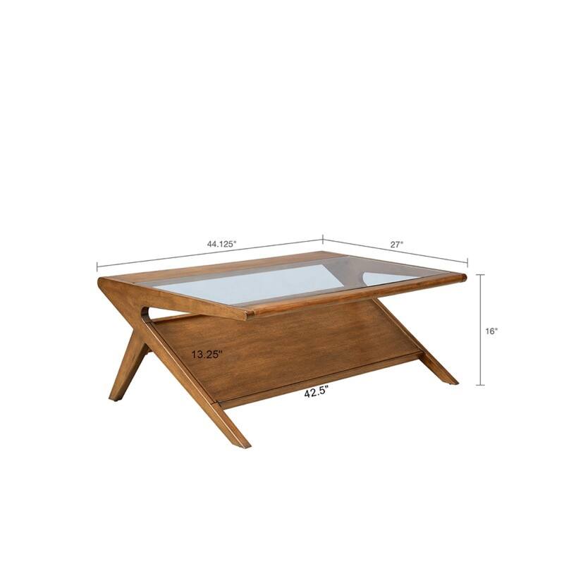Roomfitters 44-Inch Rectangular Coffee Table, Tempered Glass Top with Angular Magazine Shelf, Pecan Finish