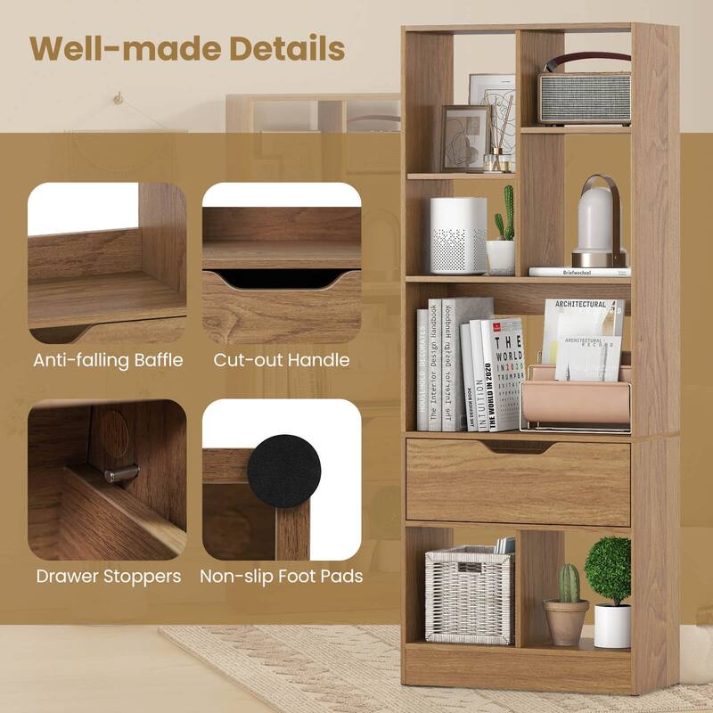 Costway 1 PCS 51” Tall Bookcase with Drawer 7 Open Cubes Anti-toppling - See Details