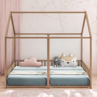 Twin Size House Platform Kids Beds Frame with Guardrails, Two Shared Beds for Bedroom, Safety Guaranteed, Easy Assembly, Gold