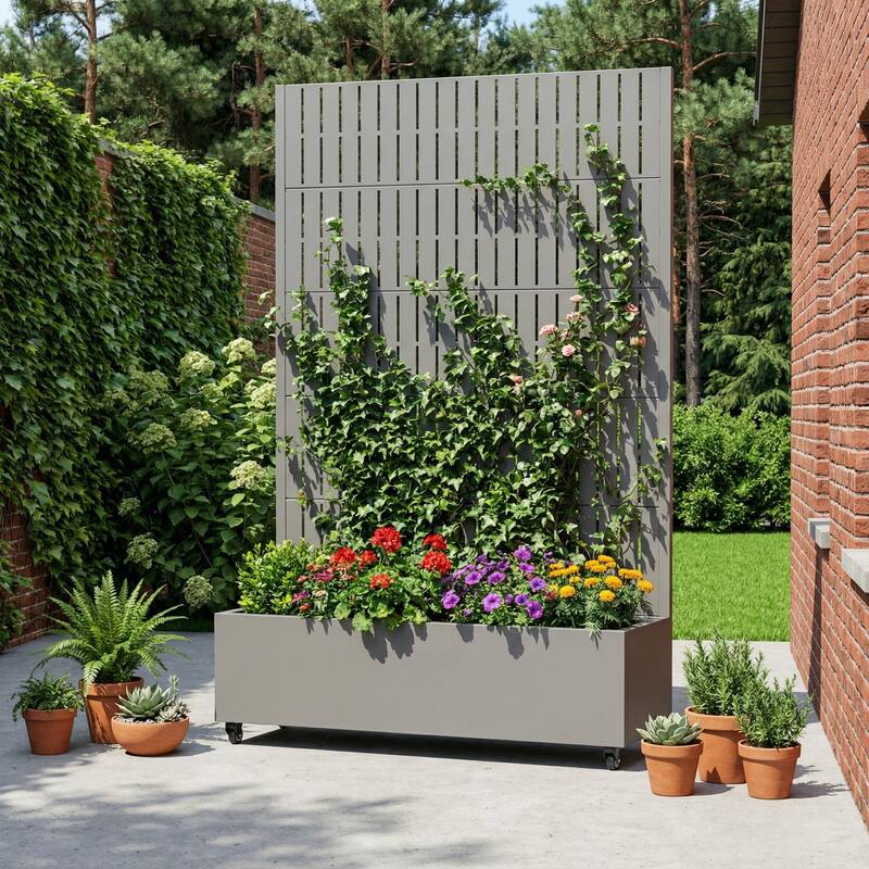 Raised Garden Bed Planter with Trellis Movable Planter Box with Lockable Wheels