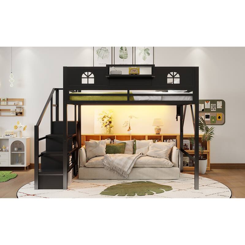 Roomfitters Full/Queen Metal Loft Platform Bed, Staircase Wardrobe and LED Charging Station with House Guardrails for Bedrooms