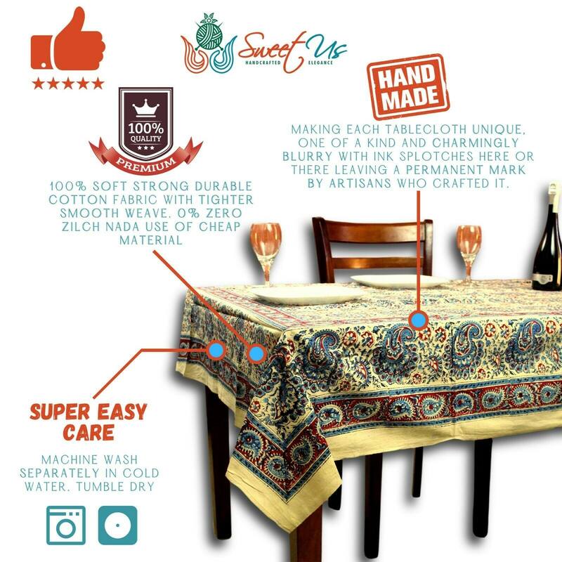 Cotton Block Print Paisley Tablecloth Rectangle - 88 x 106 in