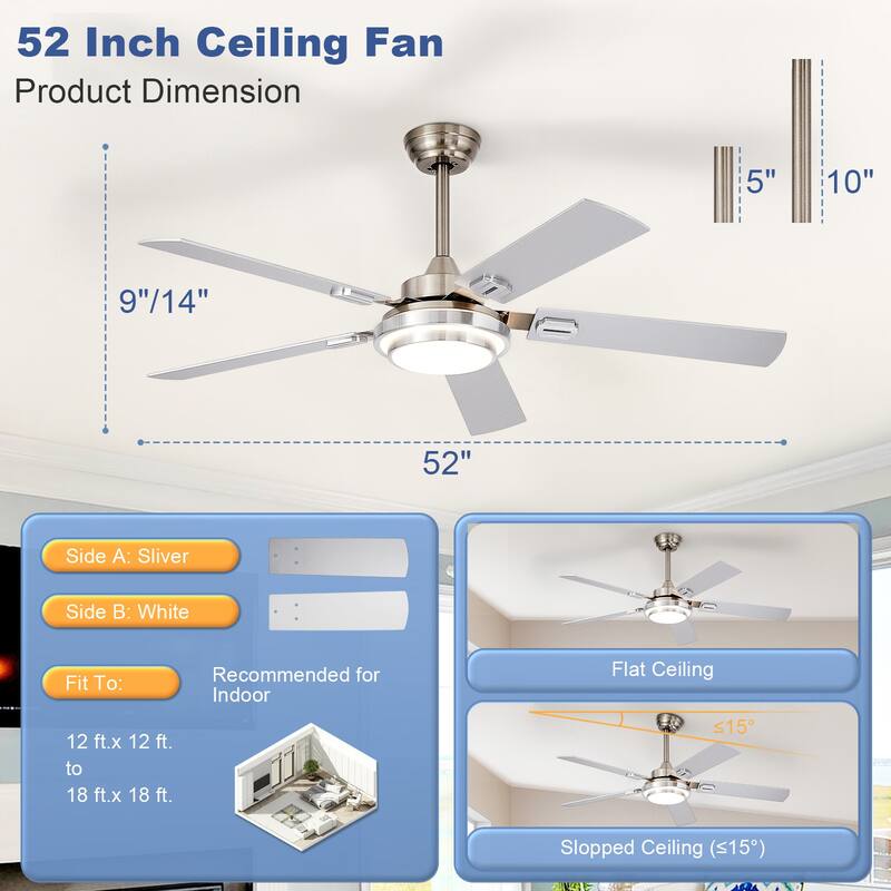 42-52Inch Ceiling Fan with Light: with 5 Blades Dual Finish Reversible - with Remote Control for Living Room Outdoor Patios