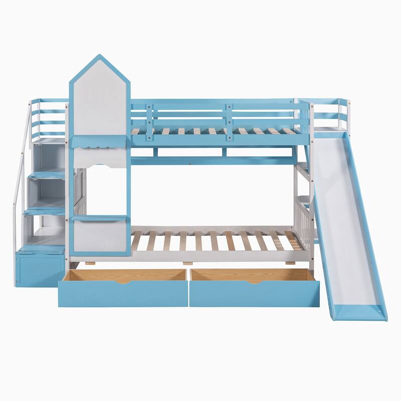 Twin-Over-Twin Wood Bunk Bed with Drawers, Shelves and Slide