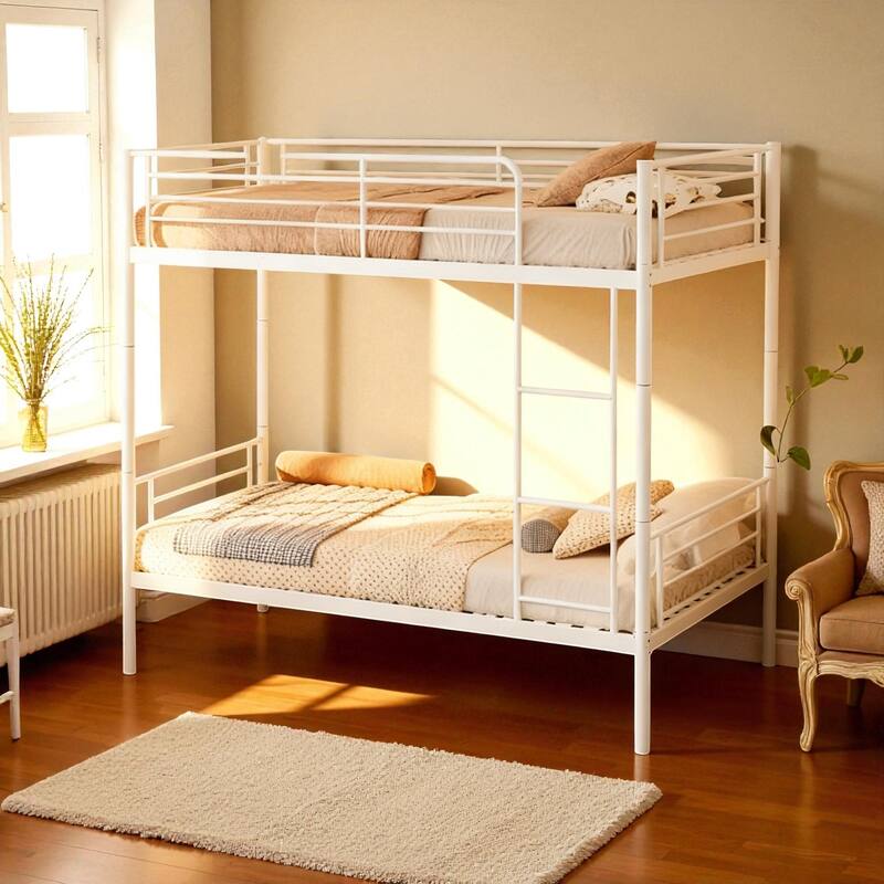 Twin Over Twin Metal Bunk Bed with Ladder, High Guardrails, Convertible to Two Beds, Noise-Free Frame & Storage Space
