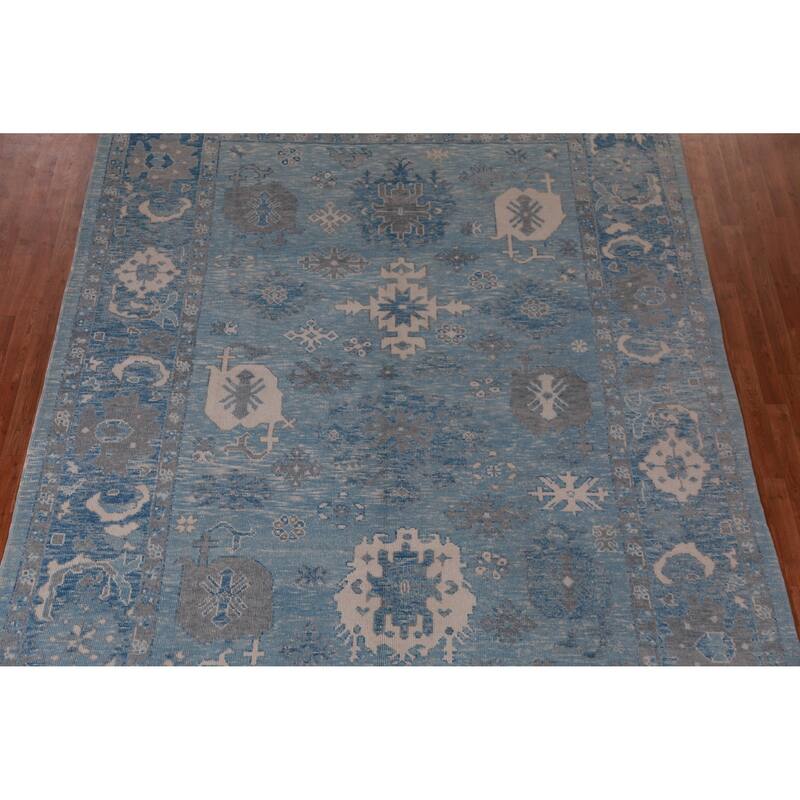 Hand Knotted Oriental 100% Wool Carpet Transitional All-Over Navy Blue & Blues Oushak Area Rug - 12' 9'' X 9' 1''