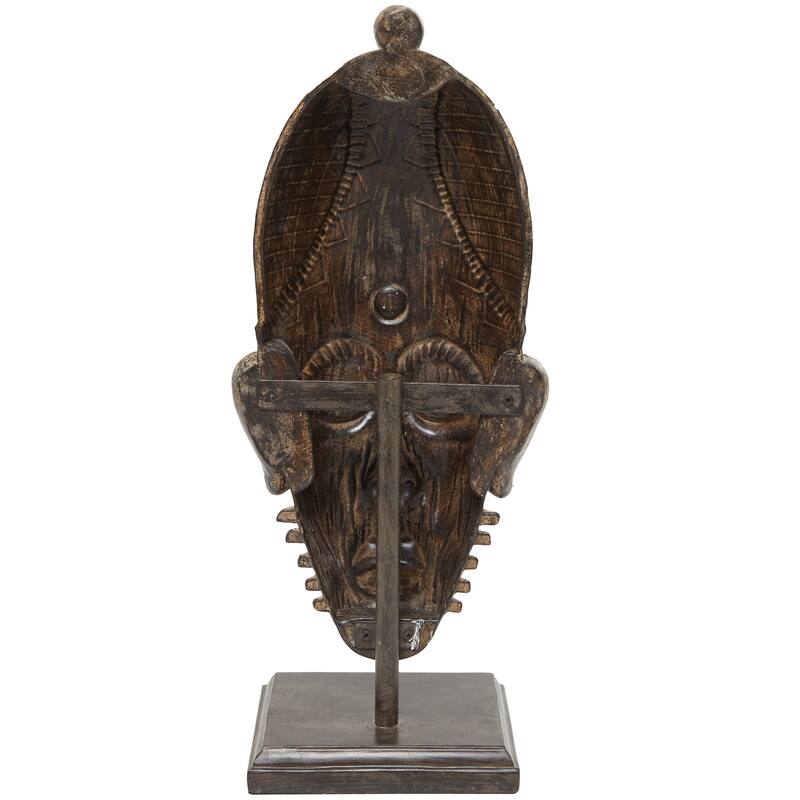 Brown Polystone Primitive African Mask and Standing African Woman Sculpture Wall Decor
