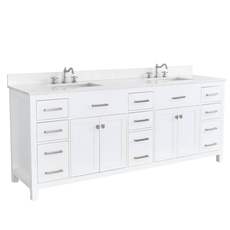 Prismatica Double Sink Bathroom Vanity 84 in White, Marble Countertop & Splash