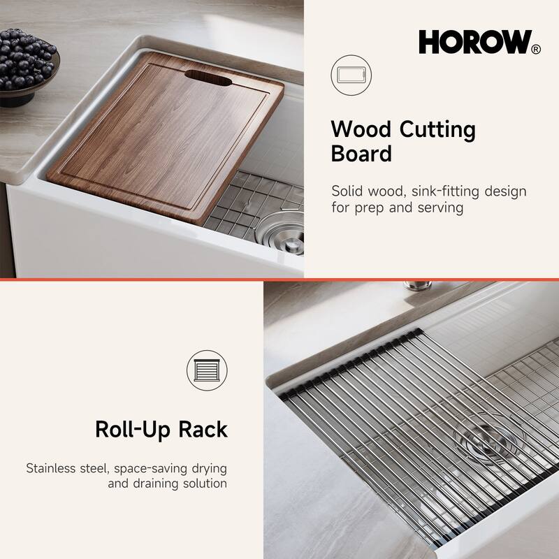 HOROW 33 in. Farmhouse Single Bowl White Ceramic Kitchen Sink with Front Apron, Workstation, Bottom Grid and Strainer