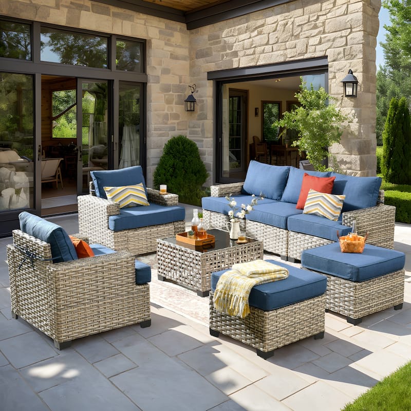XIZZI 8-piece Outdoor Patio Wicker Furniture Set with LED Solar Coffee Table - Denim Blue