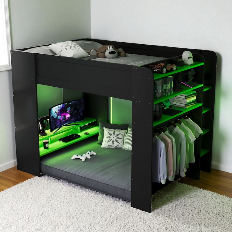 Full Size Wooden Bunk Bed with Adjustable Desk, Wardrobe Storage, USB & RGB Gaming Lights