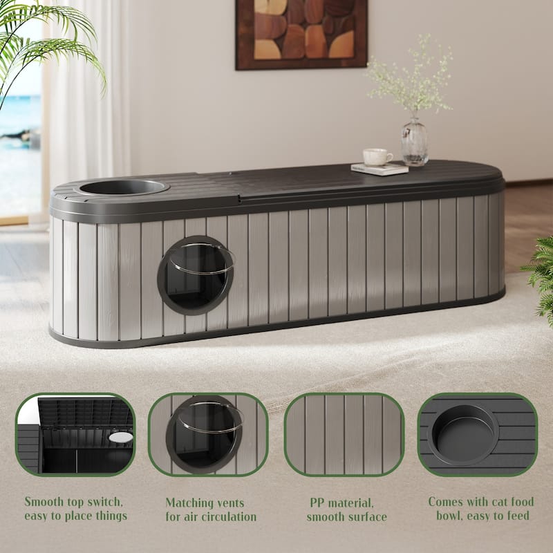 Hidden Cat Tunnel Bench, Living Room Side Table with Storage, Pet Feeding Station and Covert Playhouse