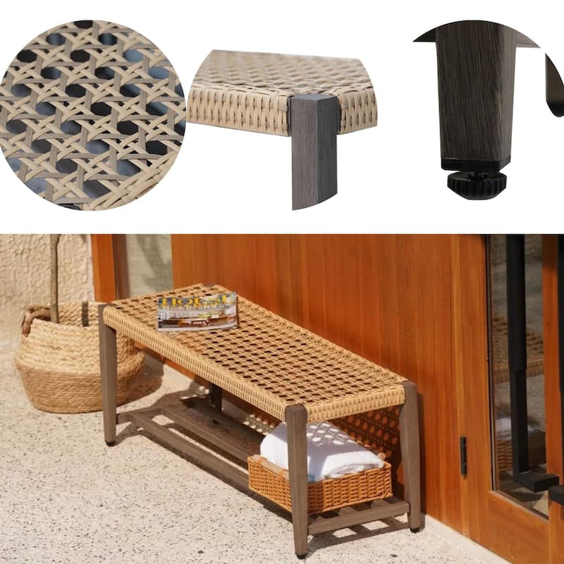 Outdoor Wicker Bench with Rack In Full Iron Frame With Woodgrain