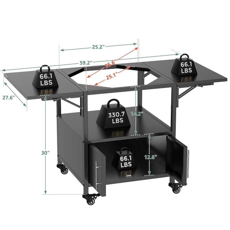 Outdoor Grill Table for Big Green Egg Style BBQ, Metal Grill Cart with 2 Folding Panels, Compatible with up to Large Green Egg