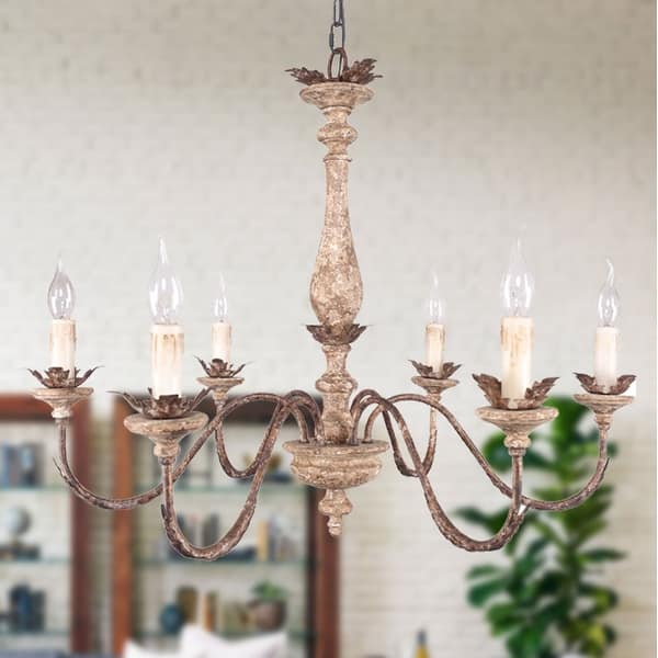 slide 2 of 11, Farmhouse Candle Shaped Chandelier, 6-Light Distressed White Wood Chandelier with Adjustable Hanging Chain