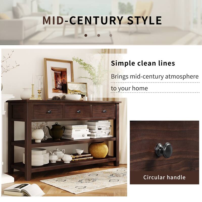Retro Design Console Table with 2 Open Shelves and 3 Drawers