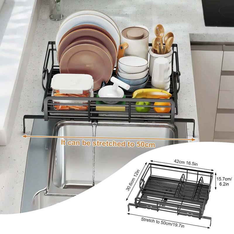 Dish Drying Rack, Expandable Dish Rack, Carbon Steel Dish Draine for Kitchen Counter