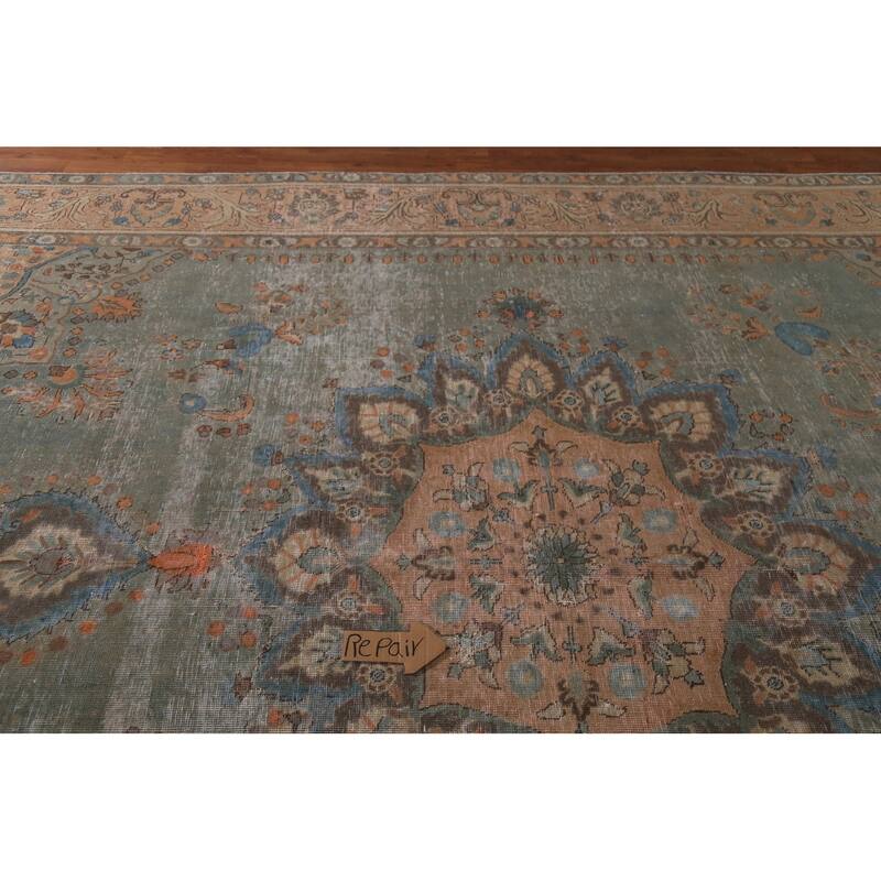Green Tabriz Persian Vintage Area Rug Hand-Knotted Wool Carpet - 9'6"x 12'7"