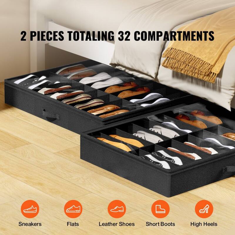 Under Bed Shoe Storage Organizer Set of 2 with 32 Compartments - 31.5 x 23.6 x 5.9 in