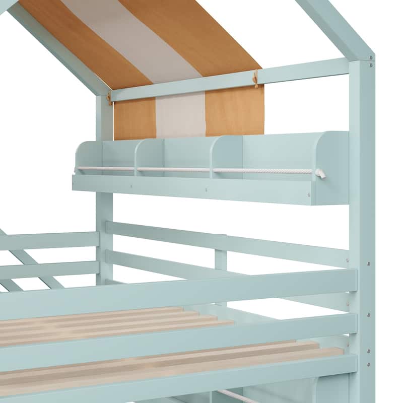 GDFStudio - Wooden Full Size House Bed with Canopy, Slide and Bookshelves