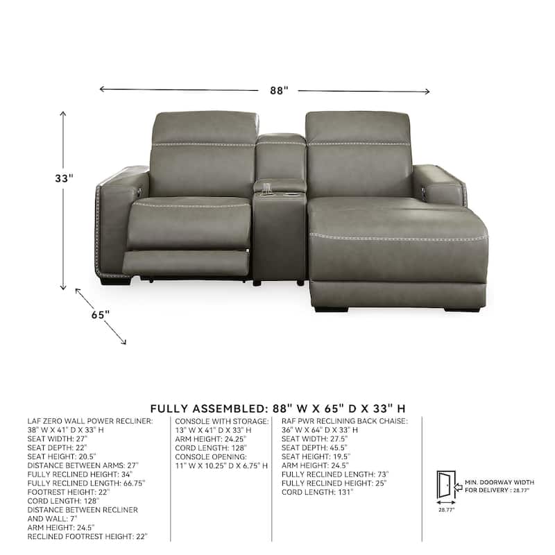 Signature Design by Ashley Correze Gray 3-Piece Power Reclining Sectional with Chaise - 88"W x 65"D x 33"H