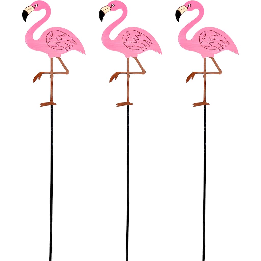 19" Iron Pink Flamingo Garden Stake, Set of 3