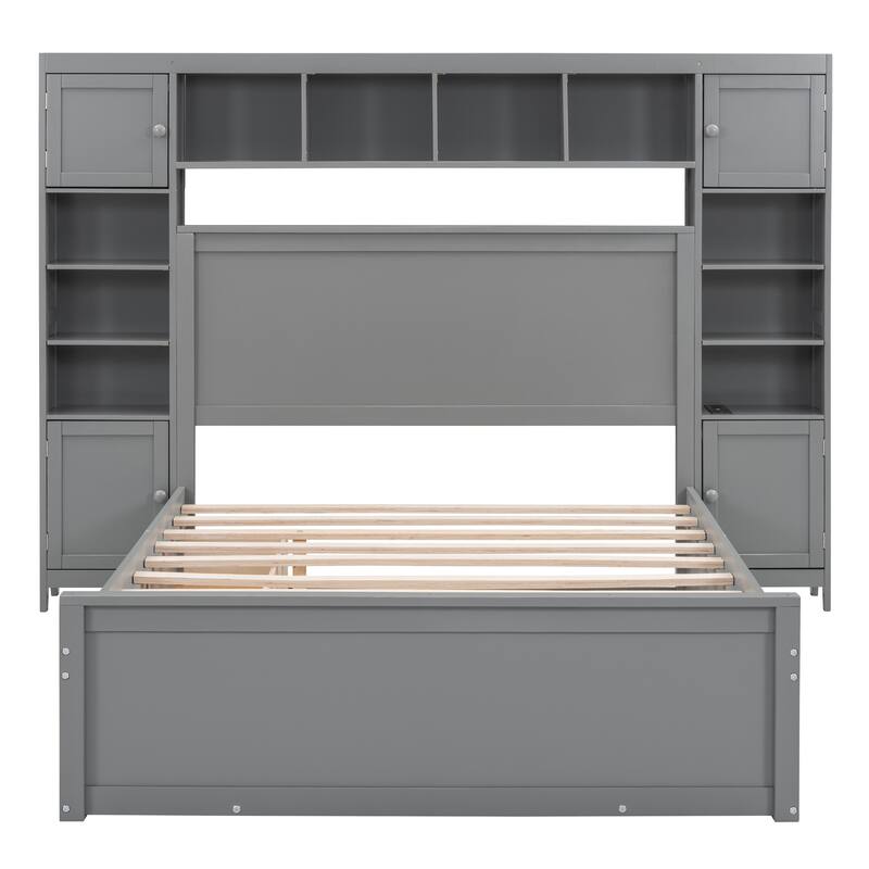 Full/Queen Size Bed Frame with All-in-One Cabinet and Trundle, Wooden Platform Bed with Storage Shelves, Cabinets and Sockets