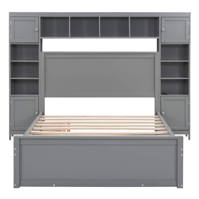 Gray Full Size Wooden Bed with Cabinet, Shelf & Sockets