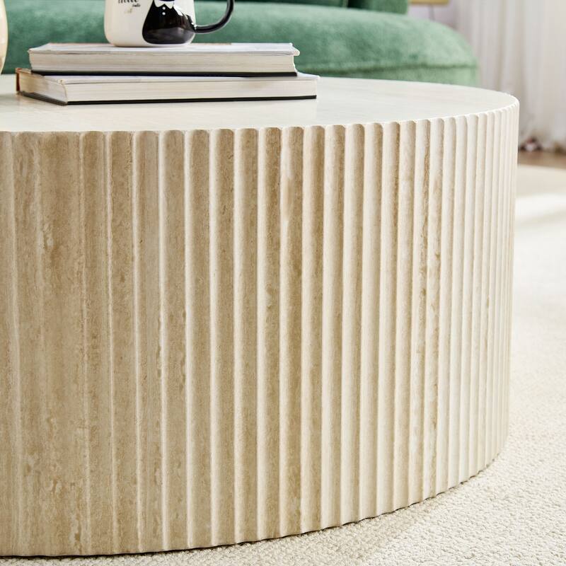 Faux travertine Round Coffee Table with Eye-Catching Relief Design, Travertine
