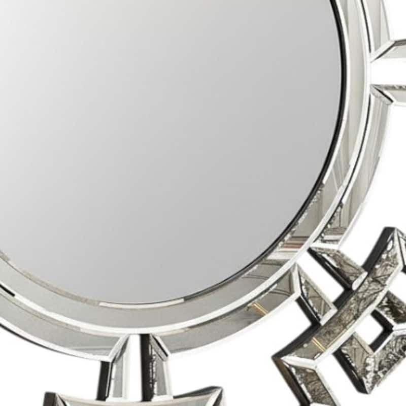 HomeRoots 32" Silver Glass Round Art Deco Geo Framed Accent Mirror - 31.50 in. x 31.50 in. x 0.79 in.