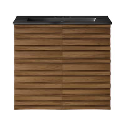 Cascade 24" Wall-Mounted Bathroom Vanity In Brown Oak With Black 3-Hole Centerset Sink Top - 24