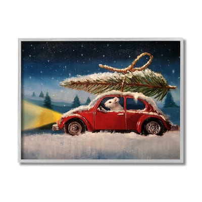 Stupell Mouse Driving Through Snow Winter Holiday Tree Framed Giclee Texturized Art by Lucia Heffernan
