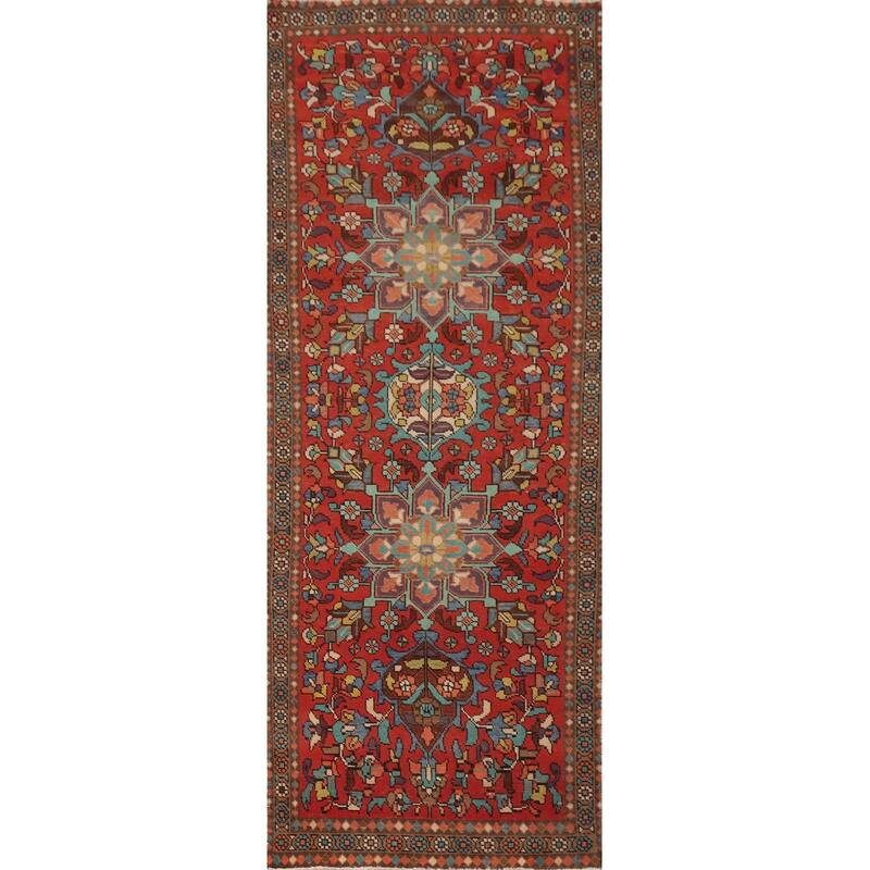 Hand Knotted Oriental 100% Wool Carpet Traditional Floral Red Tabriz Runner Rug - 10' 6'' X 3' 1''