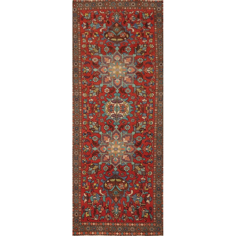 Hand Knotted Oriental 100% Wool Carpet Traditional Floral Red Tabriz Runner Rug - 10' 6'' X 3' 1''