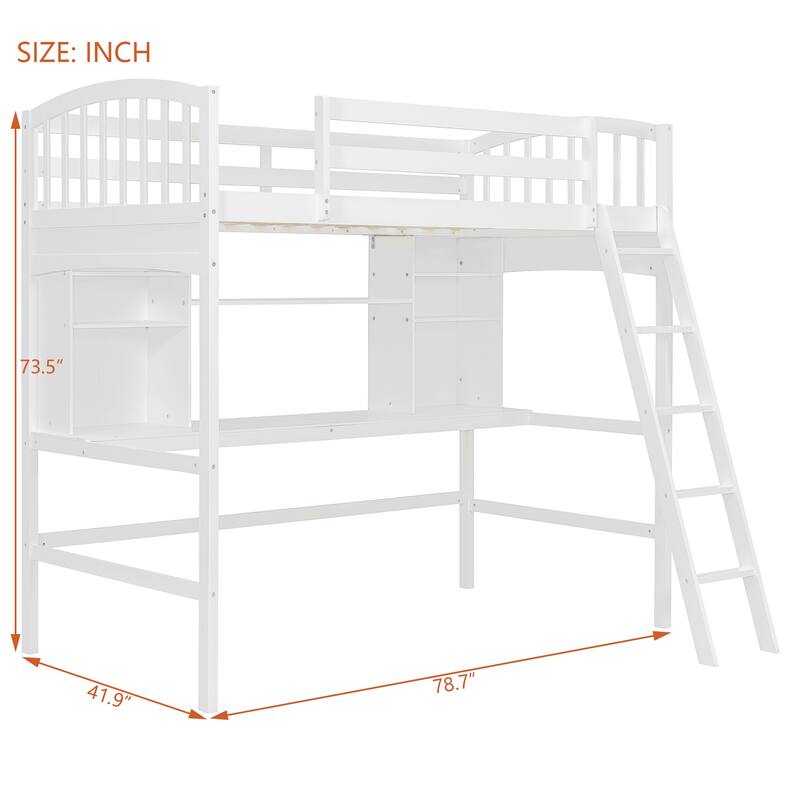 Twin Size Loft Bed with Storage Shelves, Desk, and Ladder