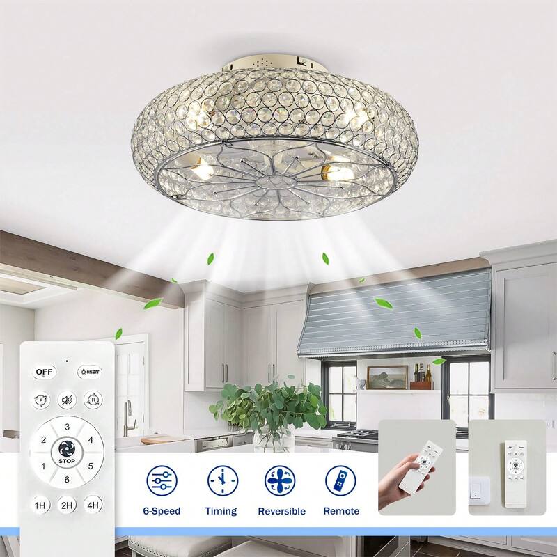 20'' Modern Flush Mount Crystal Ceiling Fans with Remote, 6 Speeds DC Motor Reversible Chandelier Ceiling Fan For Bedroom