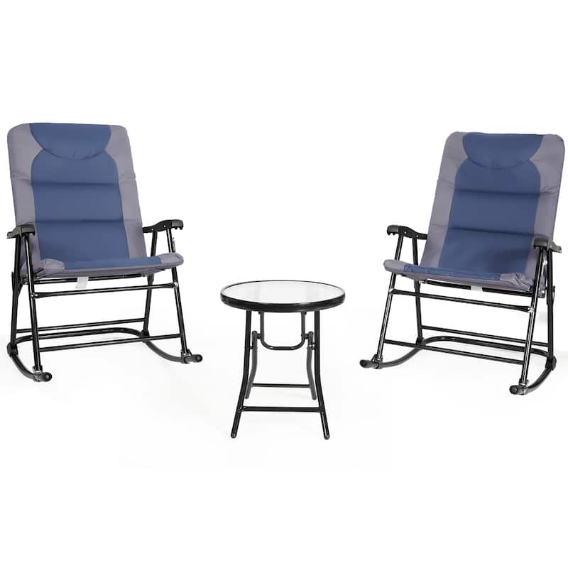 Costway 3PCS Folding Bistro Set Rocking Chair Cushioned Table Garden - Blue